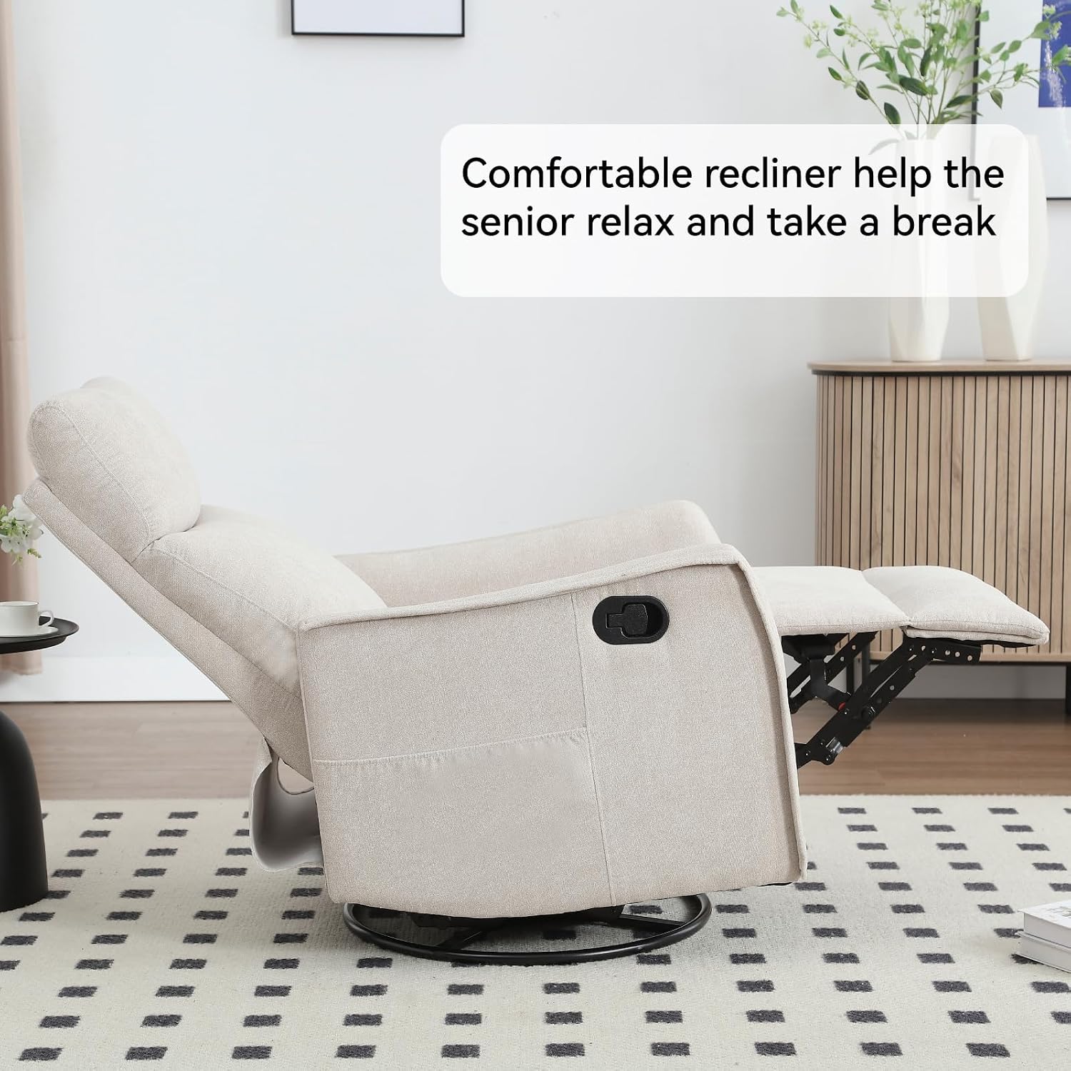 Anwick 360° Swivel Rocker Recliner Chair with Heat and Massage, Manual Upholstered Recliner for Small Spaces, Fabric Glider Nursery Chair with Side Pockets for Living Room (Beige)