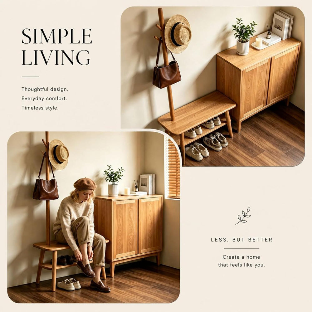 Solid Oak Coat Rack with Bench, 2-in-1 Shoe Bench and Coat Rack, Narrow Woode...