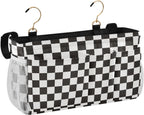 Checkered Black Bedside Caddy for Dorm Bed Bedside Hanging Caddy Bag Iron Frame Storage Organizer Pocket for Bunk Home College Hospital Beds 2 Hooks