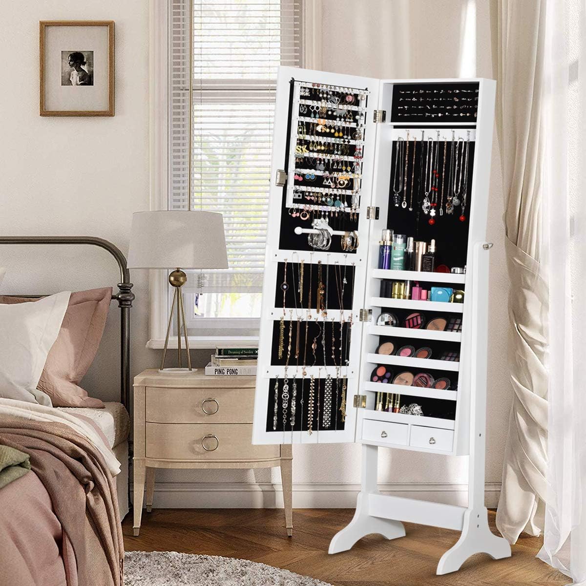 WATERJOY Jewelry Organizer with Full Body Standing Mirror Jewelry Holder Storage 4 Angle Adjustable Lockable Jewelry Cabinet Jewelry Armoire