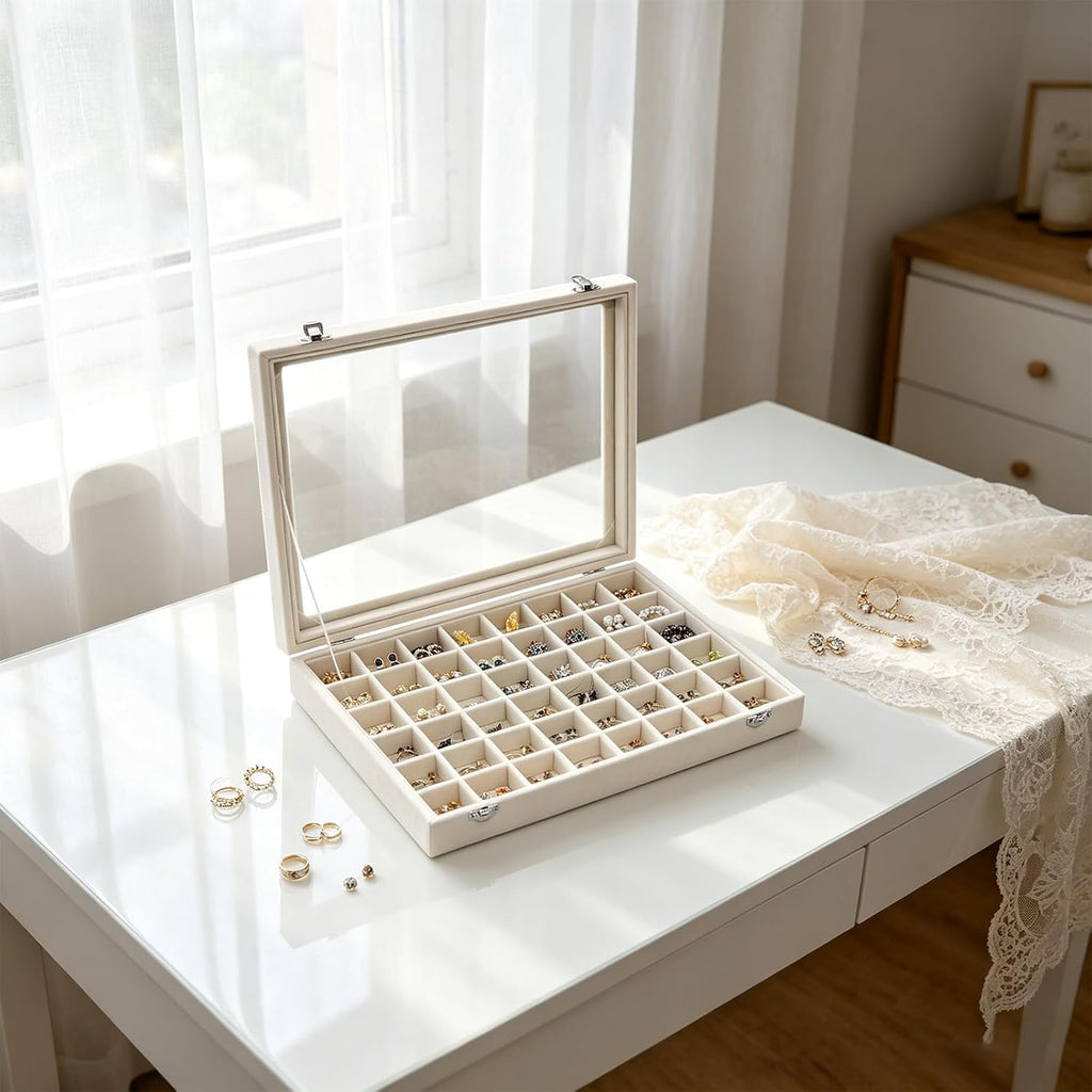 Stratalife Jewelry Organizer, Velvet Earring Storage Box, 13.78"x9.4" | 48 Grid Stackable Jewelry Tray with Clear Lid, Velvet Jewelry Box for Drawer, Necklace Trinket Display Organizer, Beige