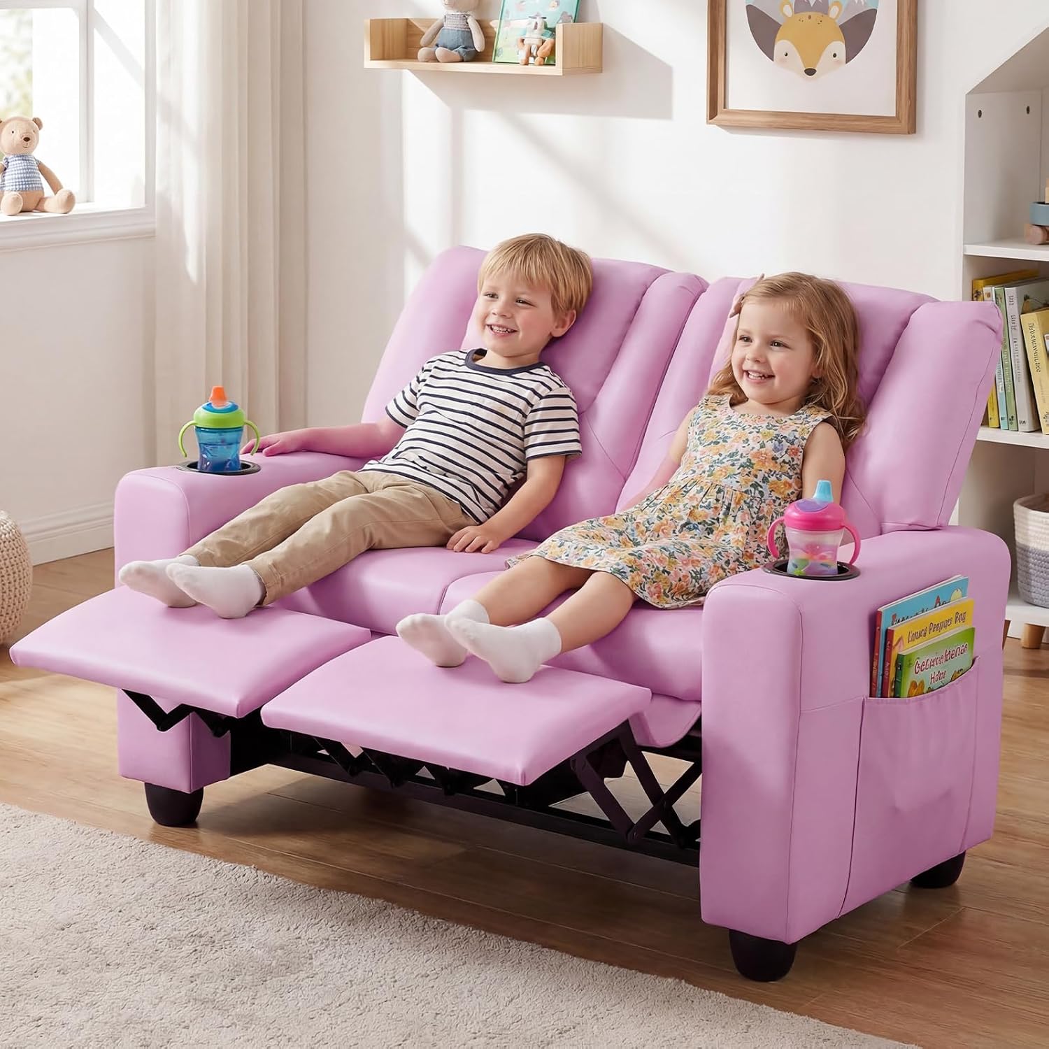 Costzon 2-Seater Kids Recliner, Double Toddler Sofa Chair w/2 Cup Holders & 2 Side Storage Pockets, PU Leather Kids Loveseat Couch w/Adjustable Backrest & Footrest for Girls & Boys 3+ Years Old