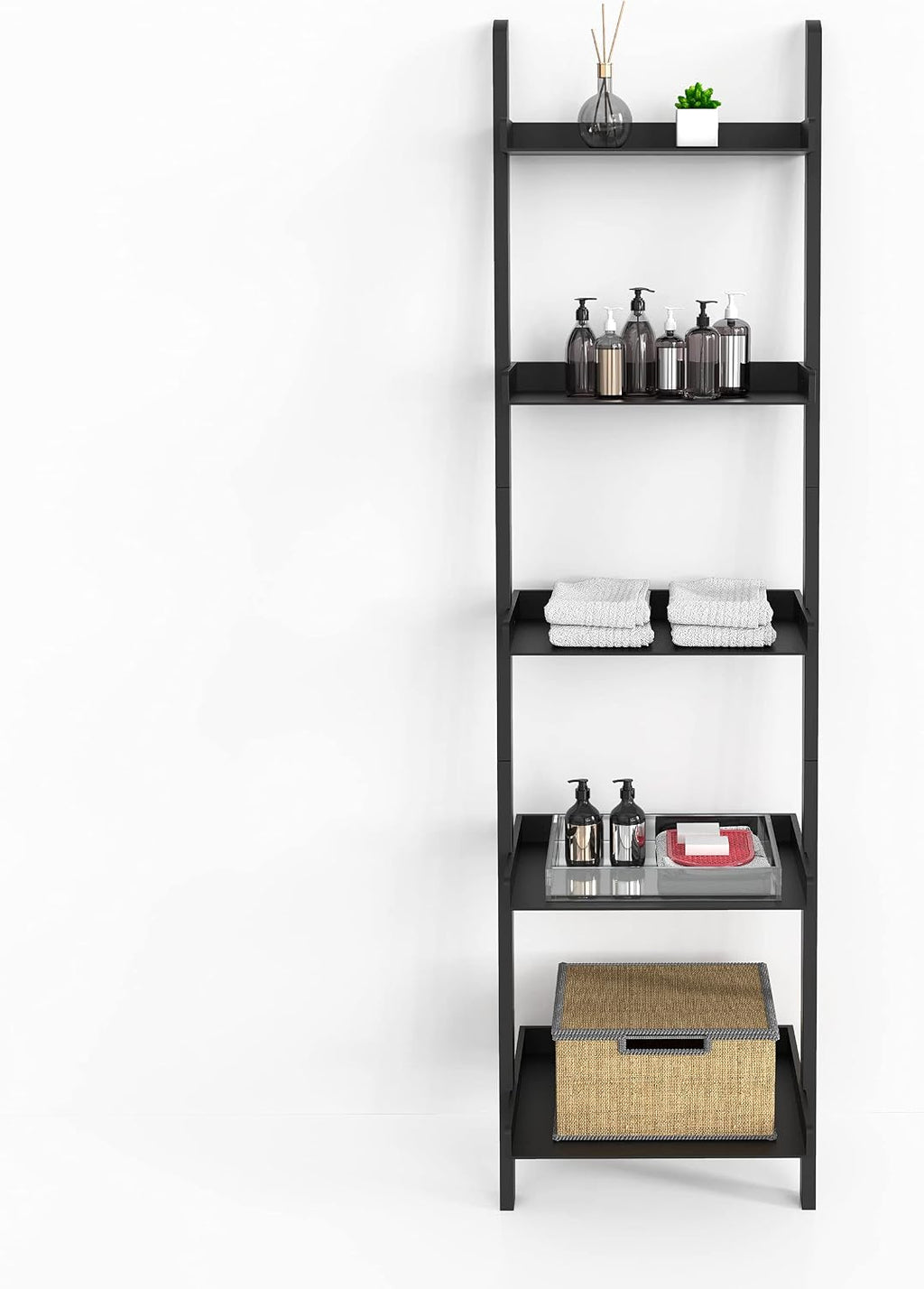 Ballucci 5-Tier Ladder Shelf, Modern 67" Tall Wood Leaning Shelf Organizer for Living Room, Bathroom, Office, Bedroom - Black