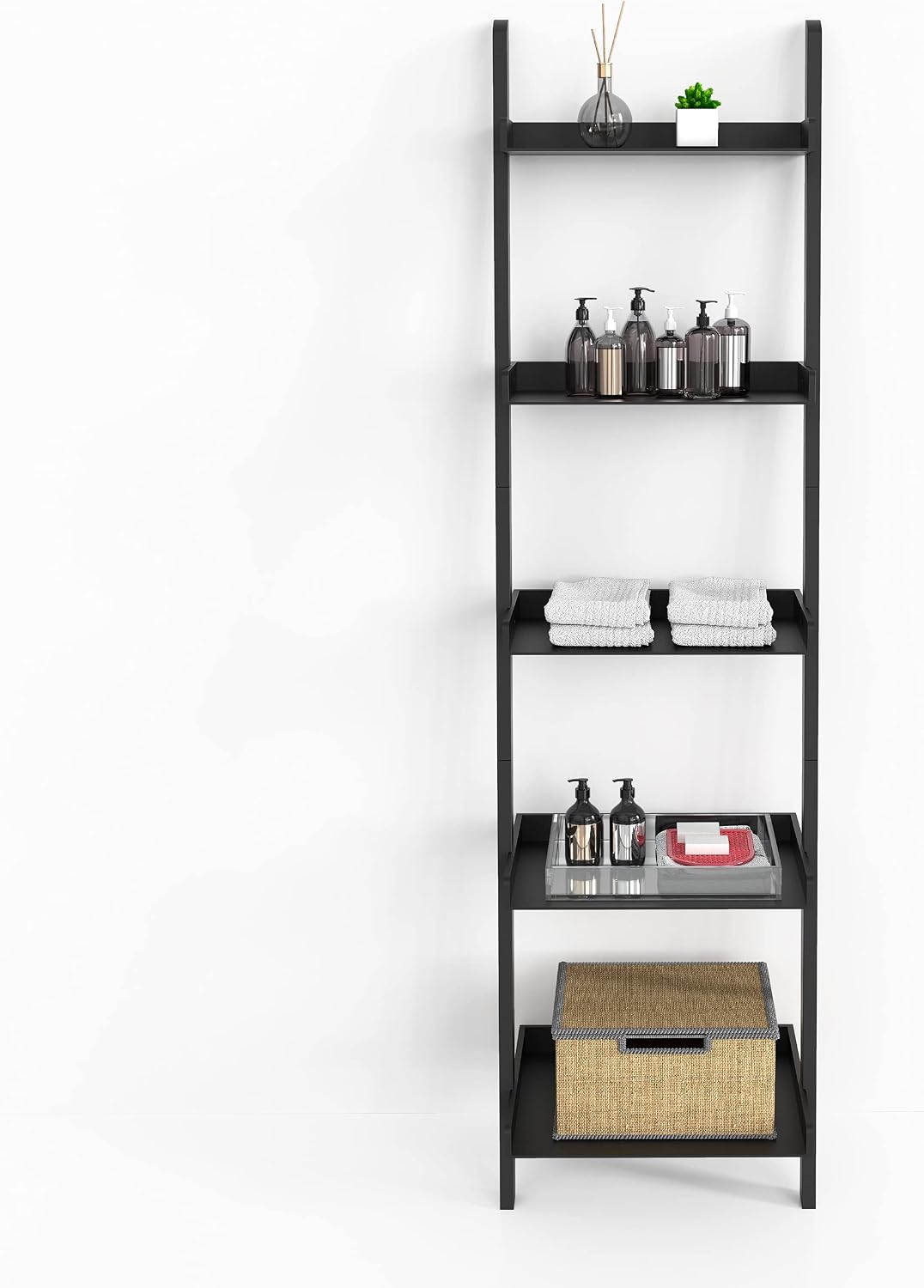 Ballucci 5-Tier Ladder Shelf, Modern 67" Tall Wood Leaning Shelf Organizer for Living Room, Bathroom, Office, Bedroom - Black