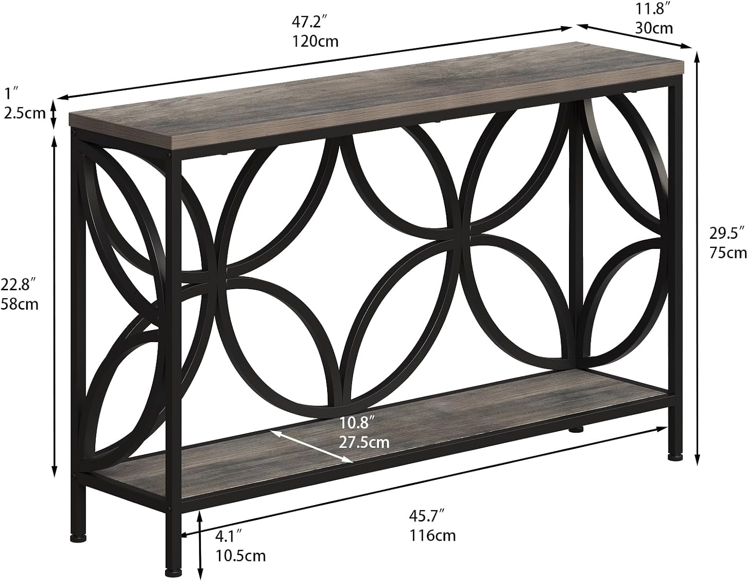 GiftGo Narrow Sofa Table 47.2 Inch, Industrial Sofa Table Behind Couch, Vintage Entry Console Table with Storage for Entryway, Living Room, Foyer, Elegant Design (Grey, 47.2)