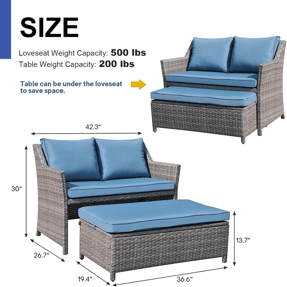 OC Orange-Casual Wicker Patio Loveseat w/Storage Ottoman, 2 Pcs, Navy Blue