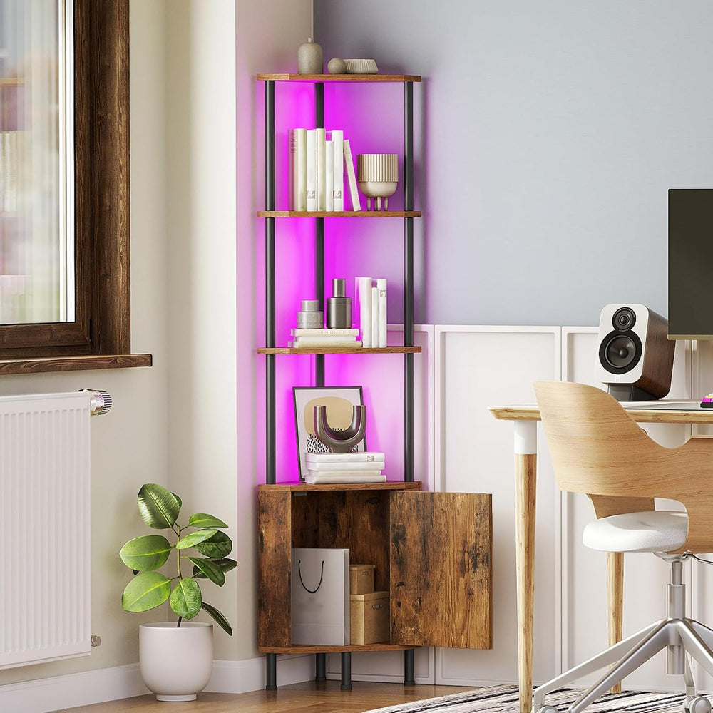 HOOBRO Corner Cabinet with LED Light, Corner Shelf Stand with Storage and Doo...