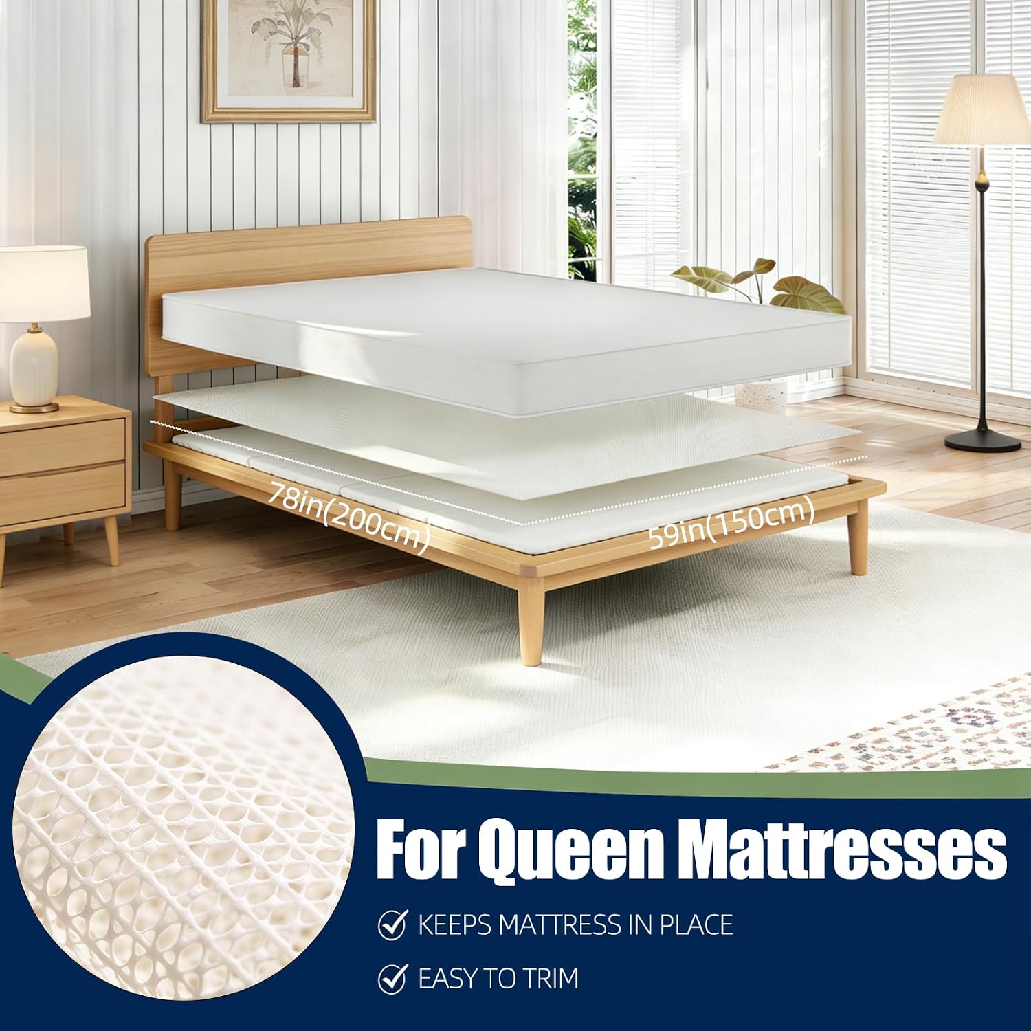 Non Slip Mattress Gripper, Anti-Slip Pad Prevents Mattress Sliding & Holds Bed in Place, Easy Trim Gripper Pads for Sofa, Couch, Chair Cushions, Stops Mattress Topper from Slipping (Queen (59" x 78"))