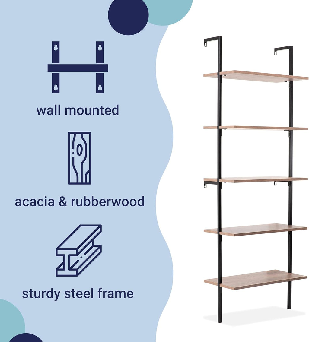 happimess MSH1001C Madera 72.05" Classic Industrial 5-Shelf Wood Wall-Mounted Open Ladder Bookcase with Metal Frame, Brown/Black