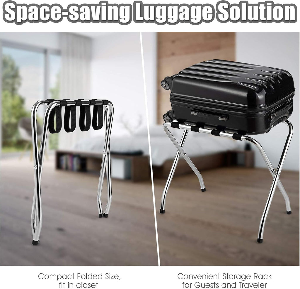 Tangkula Chrome Luggage Rack for Guest Room, No Assembly Required, Folding Metal Suitcase Stand with Nylon Belts, for Home Bedroom Guest Room Hotel, Luggage Rack, Silver (1)