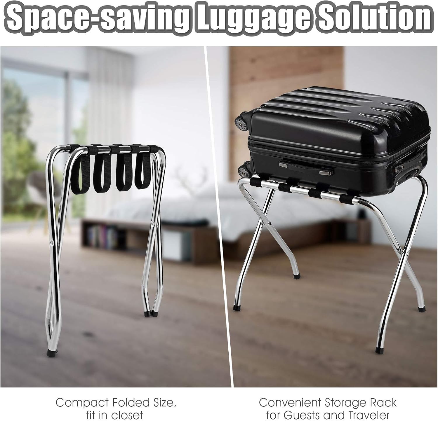 Tangkula Chrome Luggage Rack for Guest Room, No Assembly Required, Folding Metal Suitcase Stand with Nylon Belts, for Home Bedroom Guest Room Hotel, Luggage Rack, Silver (1)