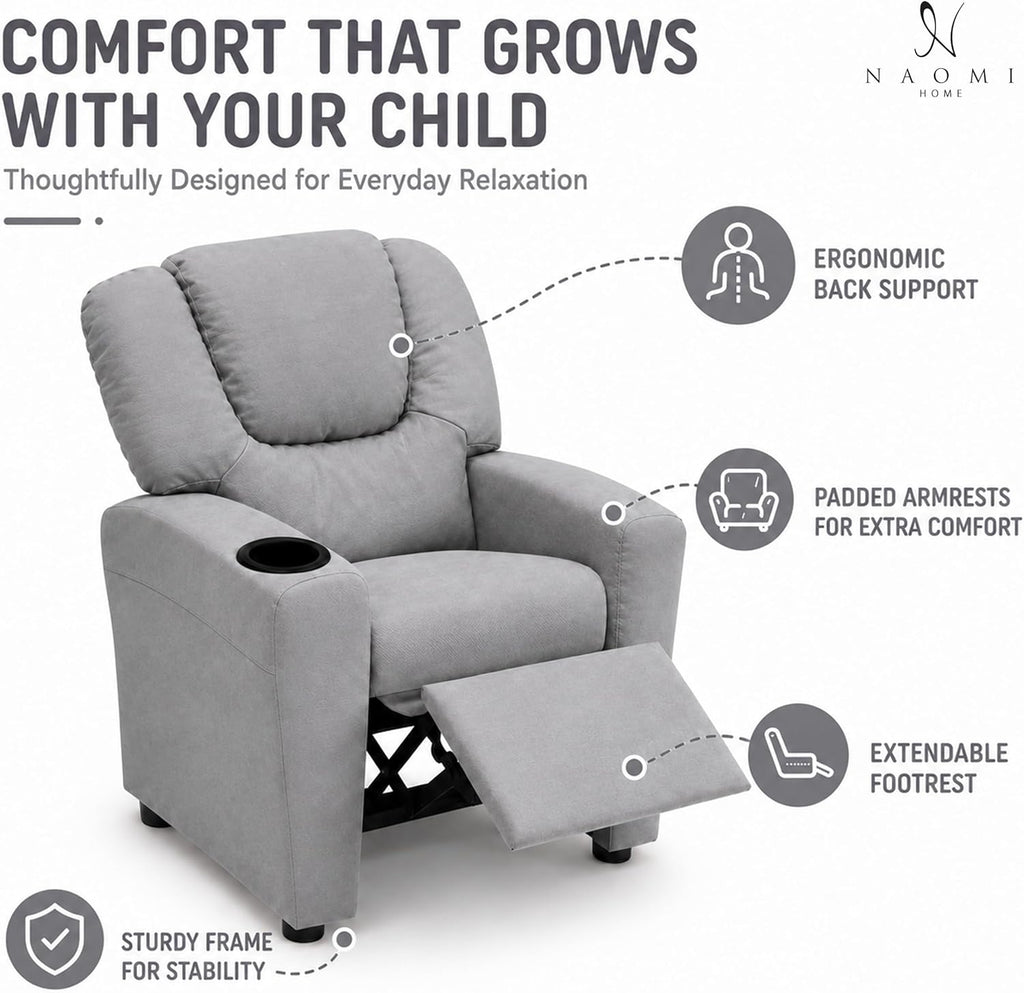 Naomi Home Suri Kids Recliner Chair: 150 Lbs Capacity & Solid Hardwood Frame for Ultimate Durability. Built to Grow Toddler & Children Sofa with Cup Holder, Footrest & 3 Recline Positions - Gray