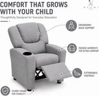 Naomi Home Suri Kids Recliner Chair: 150 Lbs Capacity & Solid Hardwood Frame for Ultimate Durability. Built to Grow Toddler & Children Sofa with Cup Holder, Footrest & 3 Recline Positions - Gray