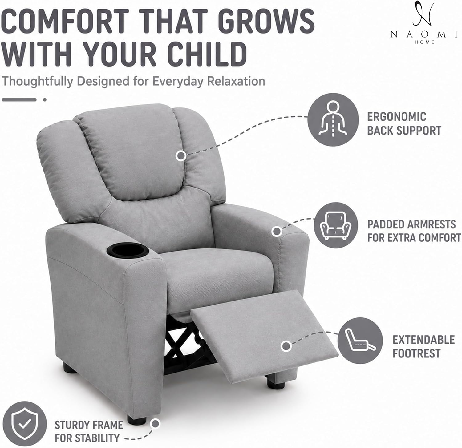 Naomi Home Suri Kids Recliner Chair: 150 Lbs Capacity & Solid Hardwood Frame for Ultimate Durability. Built to Grow Toddler & Children Sofa with Cup Holder, Footrest & 3 Recline Positions - Gray
