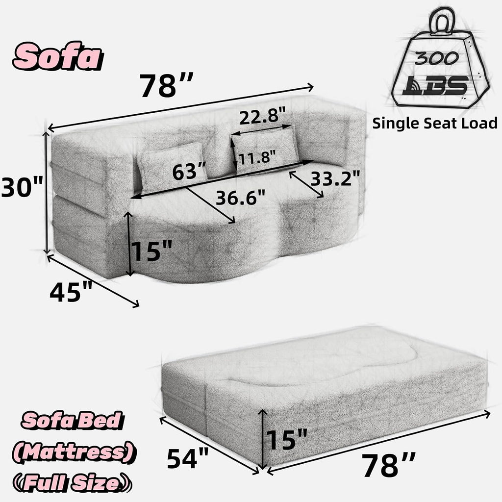 2 in 1 Convertible Folding Sofa Bed, Teddy Fleece Lazy Lounge Sofabed, Foam Folding Floor Sofa Bed, 78" Full Size Memory Foam Couch for Living Room Guestroom, No Assembly Required Sofabed (Brown)