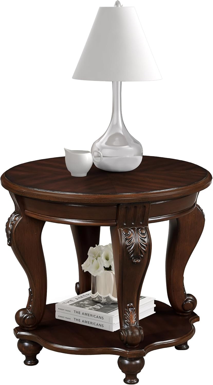 22'' Retro Round End Table,Solid Wood Sofa Side Table with Shelf,Livi...