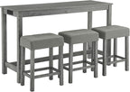 Ball & Cast 4 Piece Kitchen Dining Room Table and Chairs Set, Farmhouse Wooden Counter Height Bar-Sets w/USB Ports & Power Outlet & 3pcs Stools, 59" Sofa-Table Barstool w/Charging Station, Grey