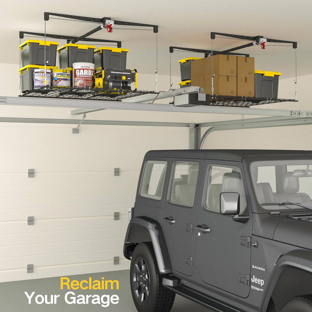 Garage Ceiling Storage Rack, 4x4 Ft Adjustable Overhead Garage Storage Rack Lift, Heavy-Duty Ceiling Mounted Storage Lift System for Garage Organization, 250lbs Weight Capacity