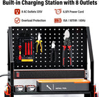 TC-HOMENY Power Tool Organizer Cart with 8 Outlets Charging Power Station, 24 Large Drill Tool Storage Racks with Wheels for Garage, Heavy Duty Tools Organizer Station, Festival Gifts for Men Dads