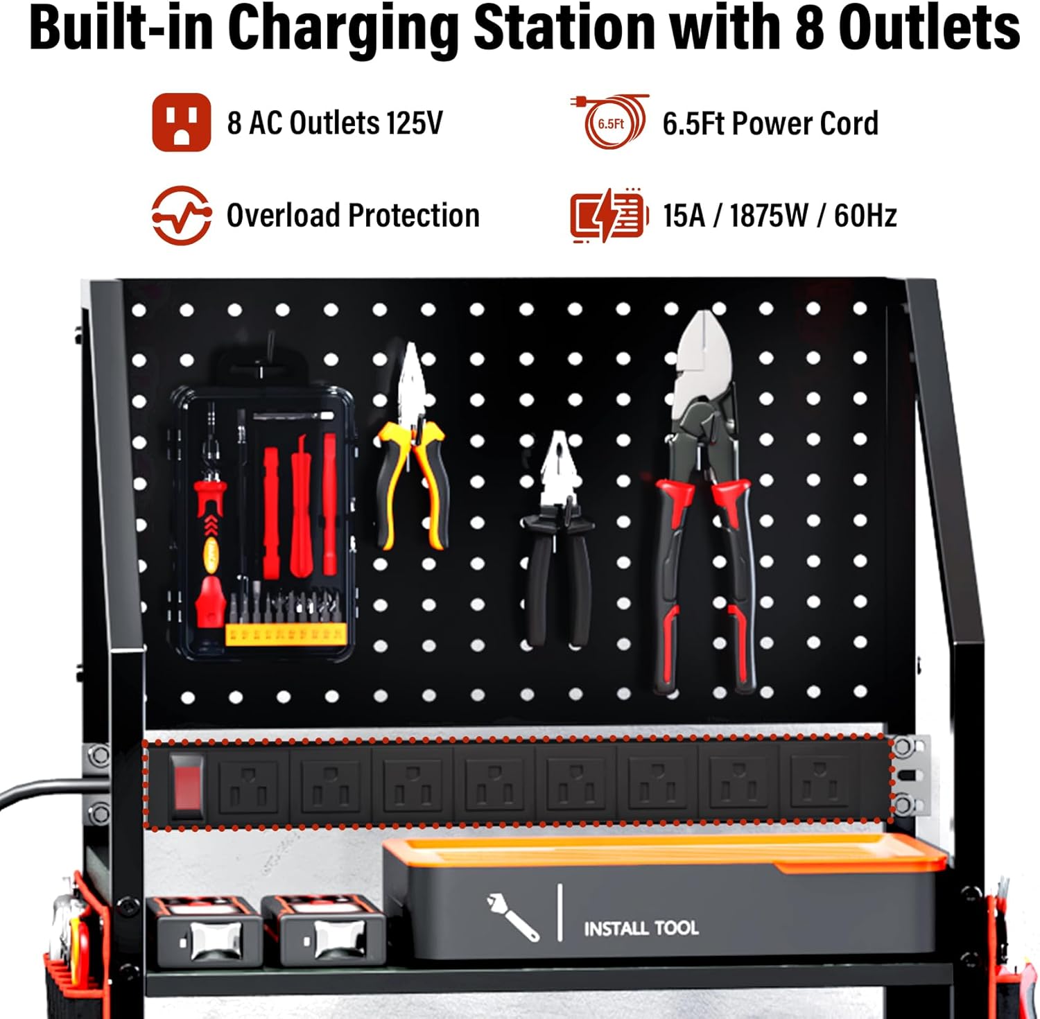 TC-HOMENY Power Tool Organizer Cart with 8 Outlets Charging Power Station, 24 Large Drill Tool Storage Racks with Wheels for Garage, Heavy Duty Tools Organizer Station, Festival Gifts for Men Dads