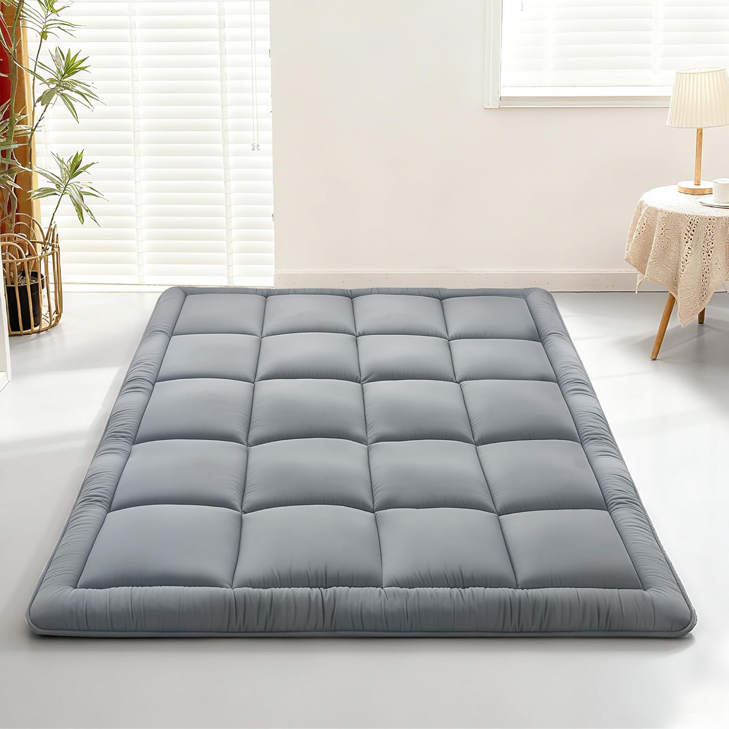 Japanese Floor Mattress Futon, Thick 5-Layer Roll Up Foldable Mattress, Comfortable Foam Tatami Mat Sleeping Pad (Gray, Twin)