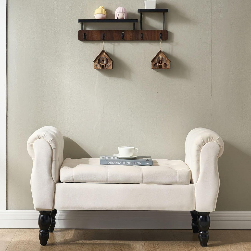 Armed Storage Bench for End of Bed, Modern Velvet Ottoman Bedroom Bench with Wood Legs Upholstered Entryway Bench with Storage, Button Tufted Window Ottoman for Living Room, Reception, Cream