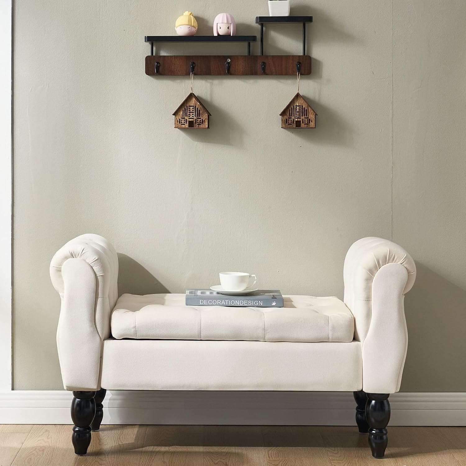 Armed Storage Bench for End of Bed, Modern Velvet Ottoman Bedroom Bench with Wood Legs Upholstered Entryway Bench with Storage, Button Tufted Window Ottoman for Living Room, Reception, Cream