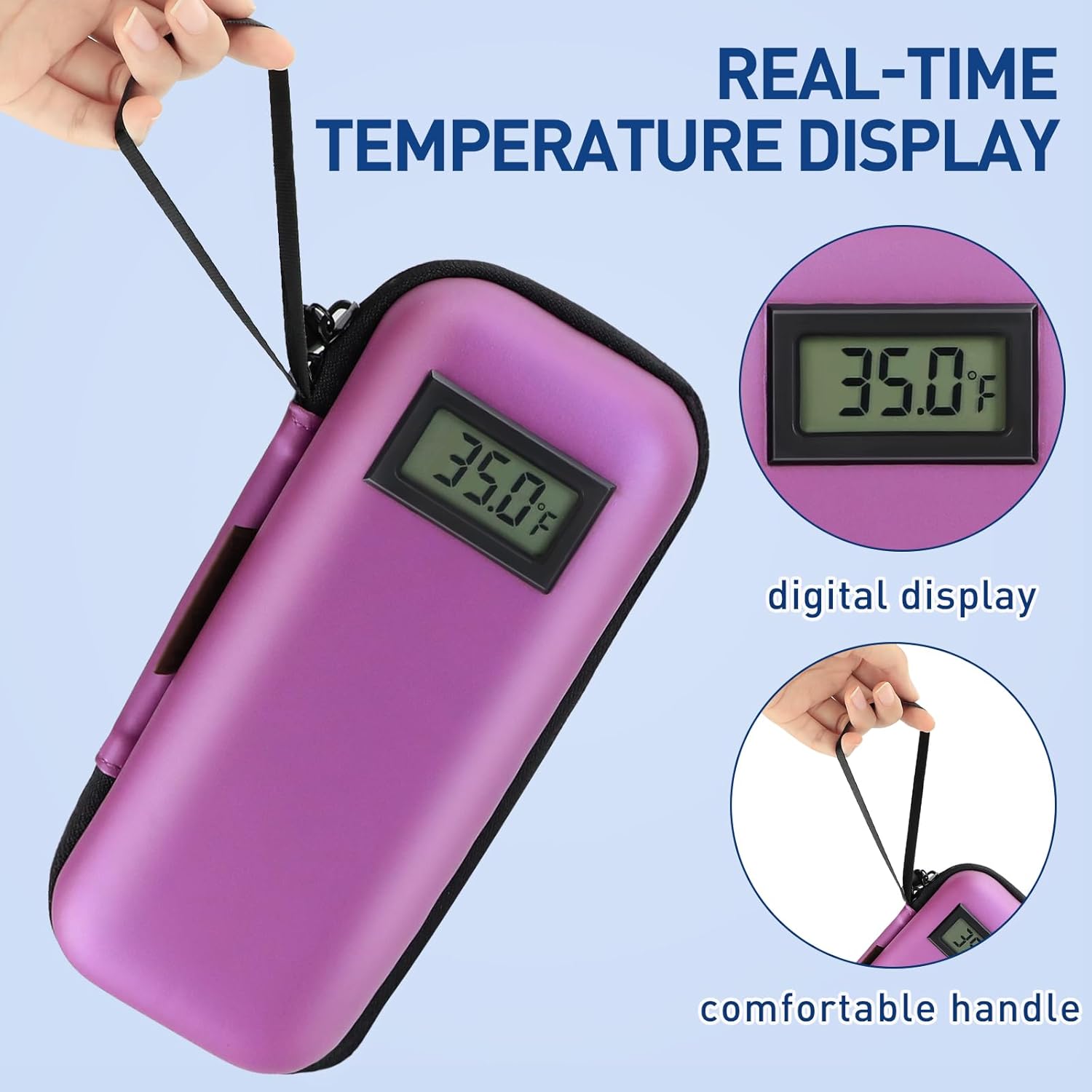 Insulin Cooler Travel Case, Portable Temperature Display Medicine Travel Cooler, Diabetes Case with 2 Reusable Ice Packs TSA Approved for Diabetic Supplies Patent Pending(Purple)