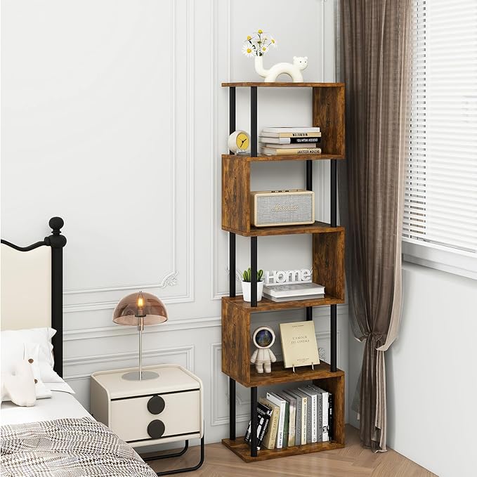 IBUYKE 6-Tier Tall Bookshelf,S-Shaped Geometric Bookcase, Wood Display Shelve...