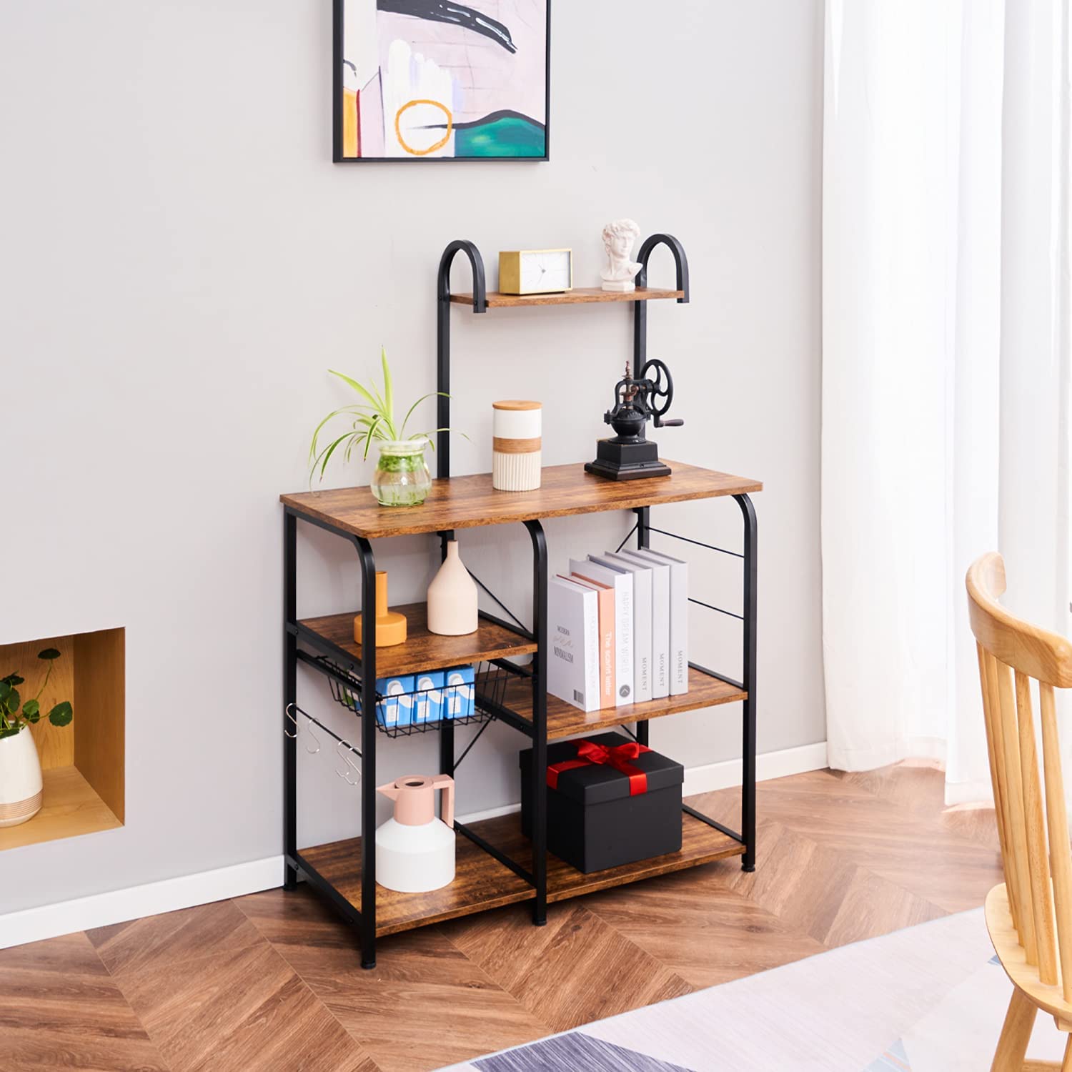 Excited Work Kitchen Baker's Rack Utility Storage Shelf Microwave Oven Stand 3-Tier+4-Tier Coffee Bar Table with Wire Basket and 5 S-Shape Hooksfor Spice Rack, Metal Frame, Black