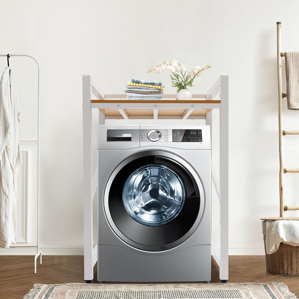 Washer Dryer Stacking Rack Stand, Heavy Duty Washing Machine Shelf with Adjustable Design, Load Capacity 660 lbs, Washer&Dryer Storage Shelf for Kitchens, Bathrooms, Laundry Rooms (White+Yellow)