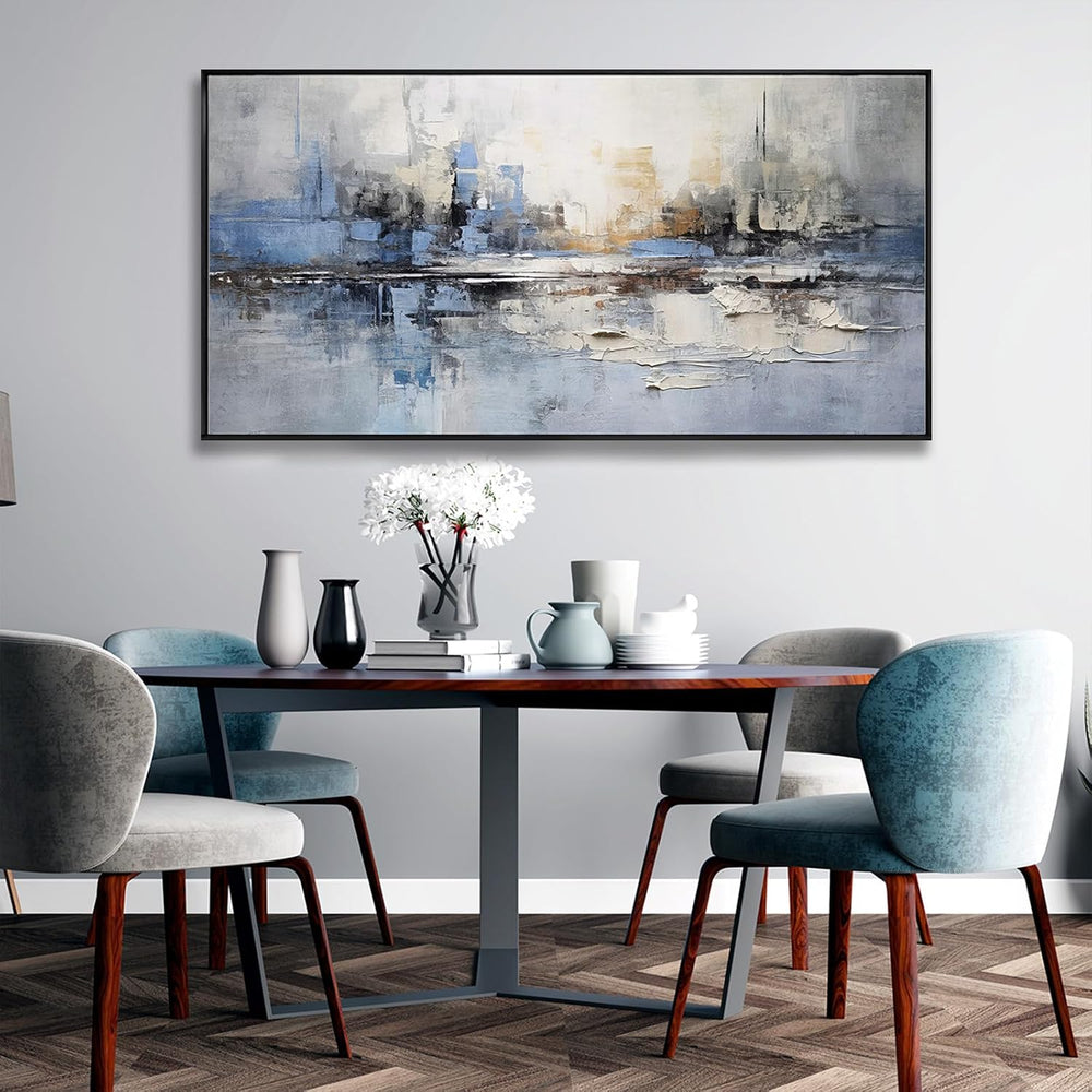 Abstract Wall Art Blue and White Reflection Large Size Framed Artwork Wall De...