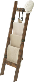 Blanket Ladder for Living Room, Decorative Quilt Rack with 4 Removable Hooks, 5-Tier Farmhouse Ladder Holder Shelf Organizer for Bedroom, Rustic Brown and Black 02101BBR