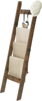 Blanket Ladder for Living Room, Decorative Quilt Rack with 4 Removable Hooks, 5-Tier Farmhouse Ladder Holder Shelf Organizer for Bedroom, Rustic Brown and Black 02101BBR
