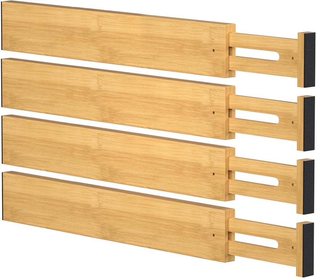 FUSHITON Bamboo Drawer Dividers 17"-22" Adjustable Expandable Drawer Organizers Spring Loaded Drawer Separators for Kitchen Dresser Bathroom Bedroom Office Storage, 4 Pack