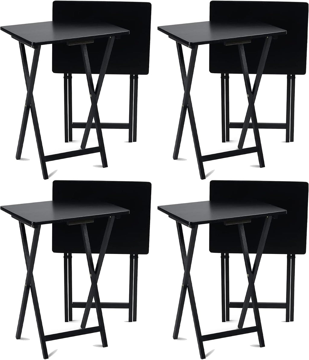 PJ Wood Conventional Solid and Sturdy Wood Construction Portable Folding TV Snack Tray Table Desk Serving Stand, Black (8-Piece Set)