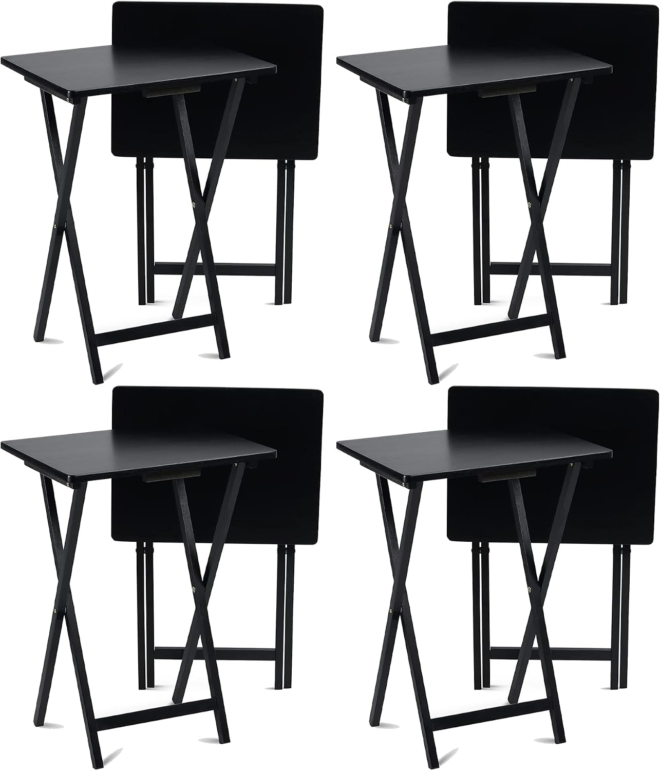 PJ Wood Conventional Solid and Sturdy Wood Construction Portable Folding TV Snack Tray Table Desk Serving Stand, Black (8-Piece Set)