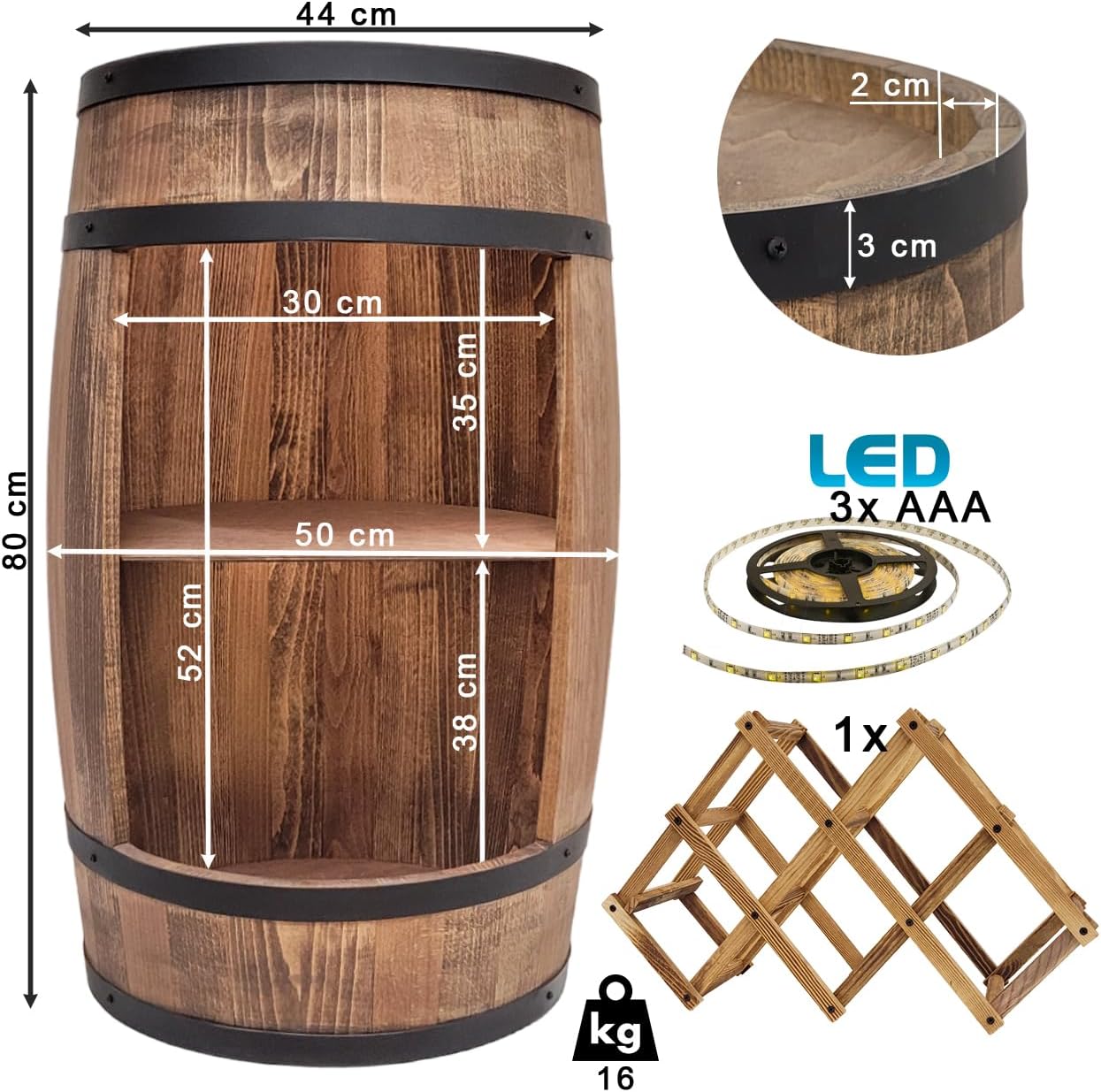 Fassbar L.E.D. with Wine Holder Wine Rack - Wooden Barrel Home Bar 80 cm Rustic Decorative Bar Cabinet Wine Stand - Barrel Beer Wine Bottle Stand - Bar Whisky Gift (Dark Brown)
