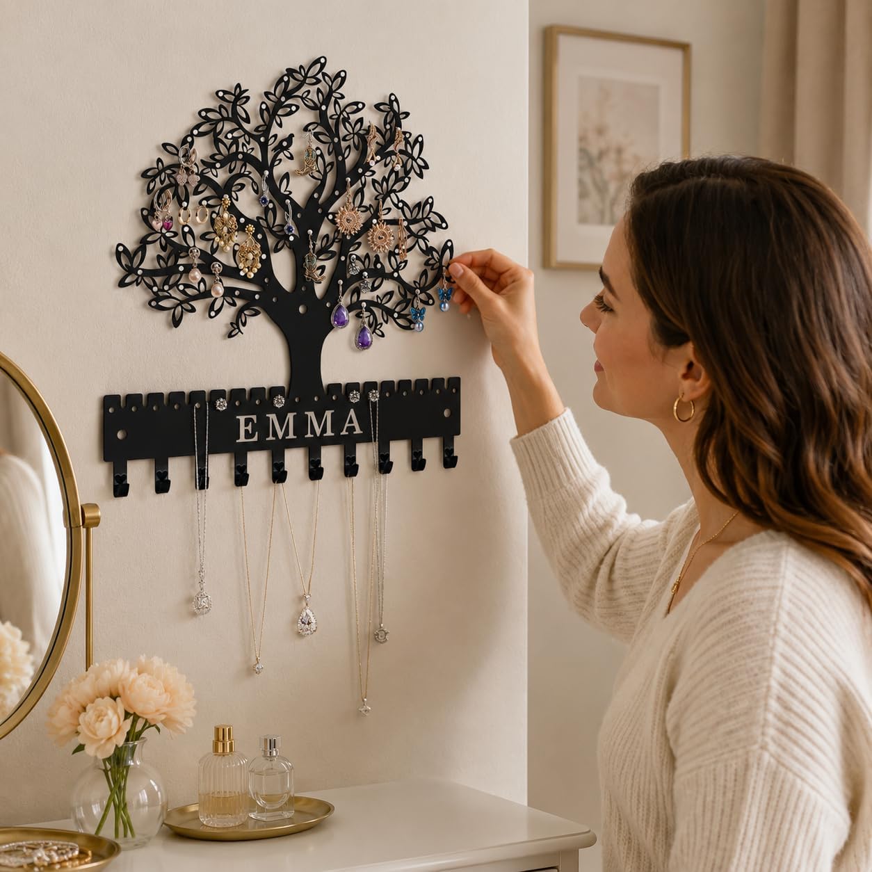 Jewelry Organizer Earring Holder Tree of Life Wall Mounted or Hanging Necklace and Bracelet Holder Metal Jewelry Display with Hooks for Studs Mother’s Day Gift for Women Mom Wife Daughter (Style2)