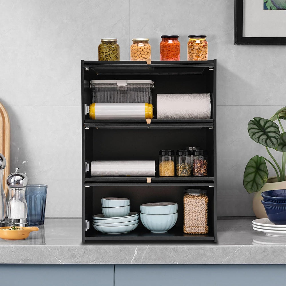 3 Tier Kitchen Pantry Storage Cabinet with with 2 Sliding Striped Glass Doors...