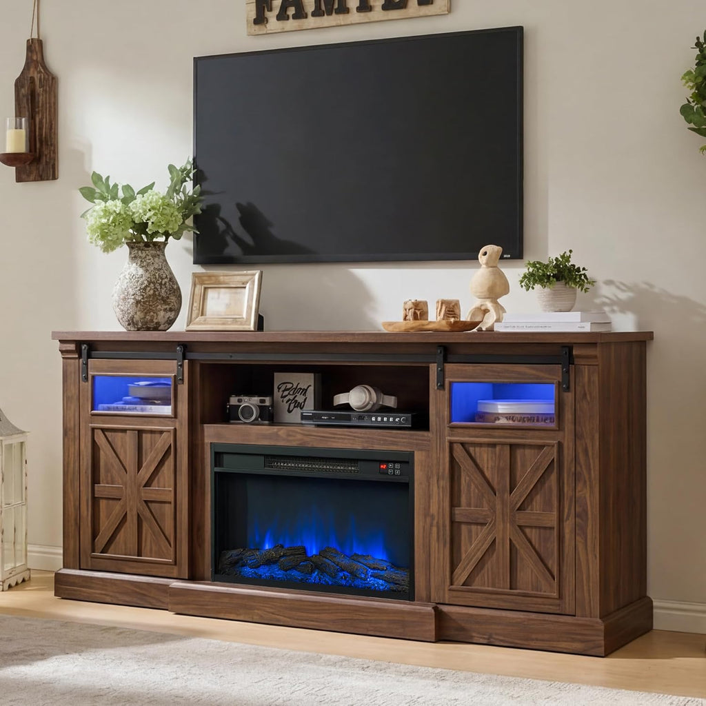 Fireplace TV Stand for up to 80 Inch TVs, 32’’ Tall LED Entertainment Center with Electric Fireplace, Farmhouse TV Console Table w/Sliding Barn Door & Window for Living Room, Brown