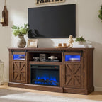 Fireplace TV Stand for up to 80 Inch TVs, 32’’ Tall LED Entertainment Center with Electric Fireplace, Farmhouse TV Console Table w/Sliding Barn Door & Window for Living Room, Brown