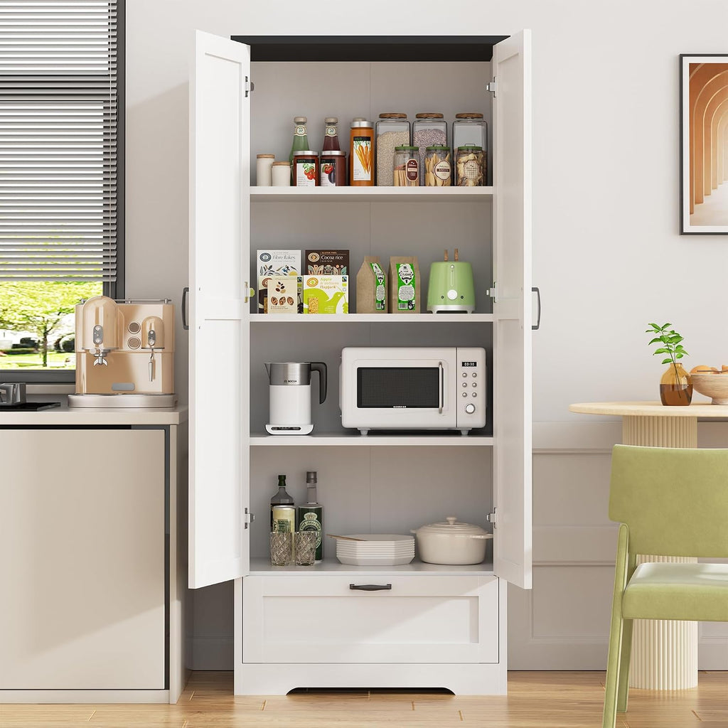 Shintenchi 65" Kitchen Pantry Cabinet, Farmhouse Tall Cupboard, White | Freestanding Cabinet, with 4 Shelves and 1 Drawer, for Kitchen, Living Room, Dining Room and Bathroom