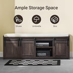Haotian Industrial Style Shoe Storage Bench, Entryway Hallway Shoe Cabinet, Sliding Barn Doors, Drawer & Padded Seat Cushion, Rustic Window Bench for Mudroom (Brown)