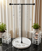 VROOMIUM Necklace Holder Stand - 6in Ceramic Base X 1ft Height, Aesthetic Decor for Bedroom, Jewelry Organizer for Necklace, Bracelets, Rings, Exhibidor de Collares- Chic White