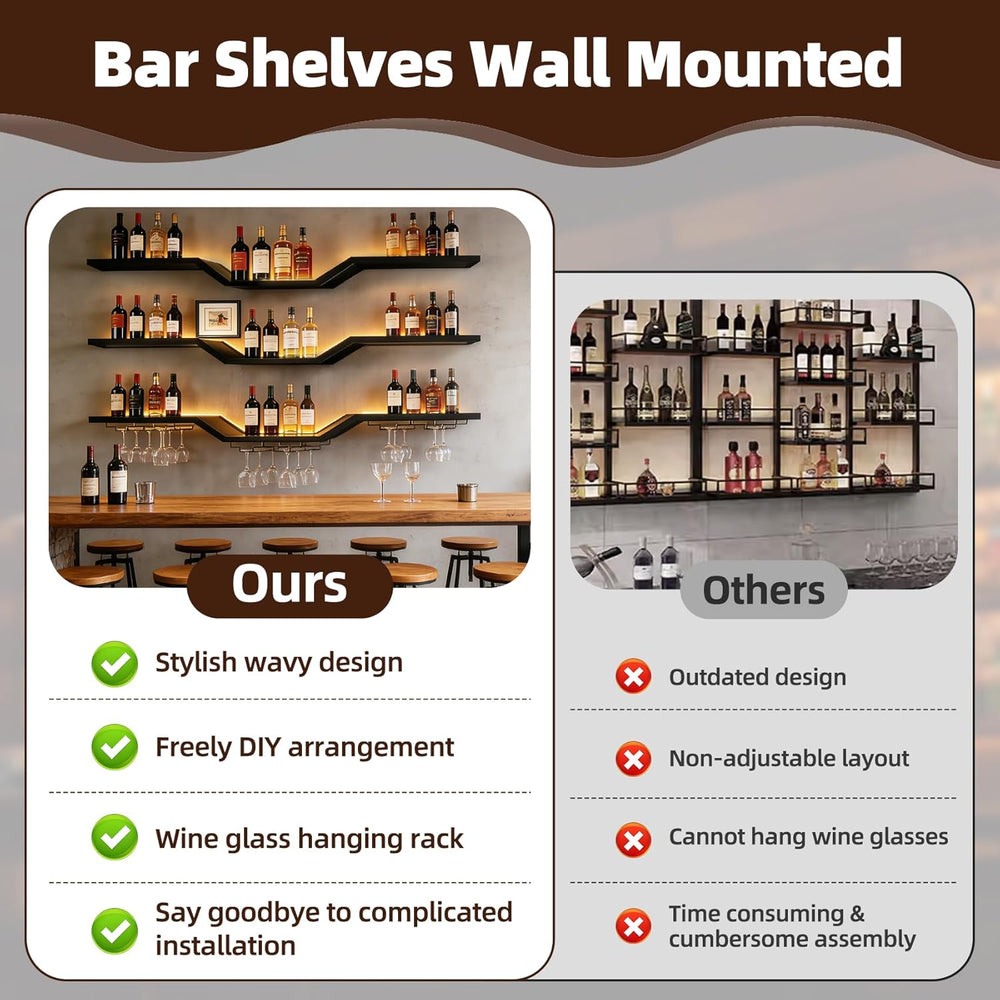39.4" LED Modern Wall Mounted Wine Rack, 3-Tier Floating Bar Shelves | G...