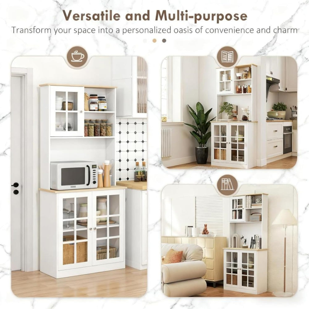 Oak+White Large Countertop Kitchen Pantry Cabinet, Freestanding Storage Cabin...