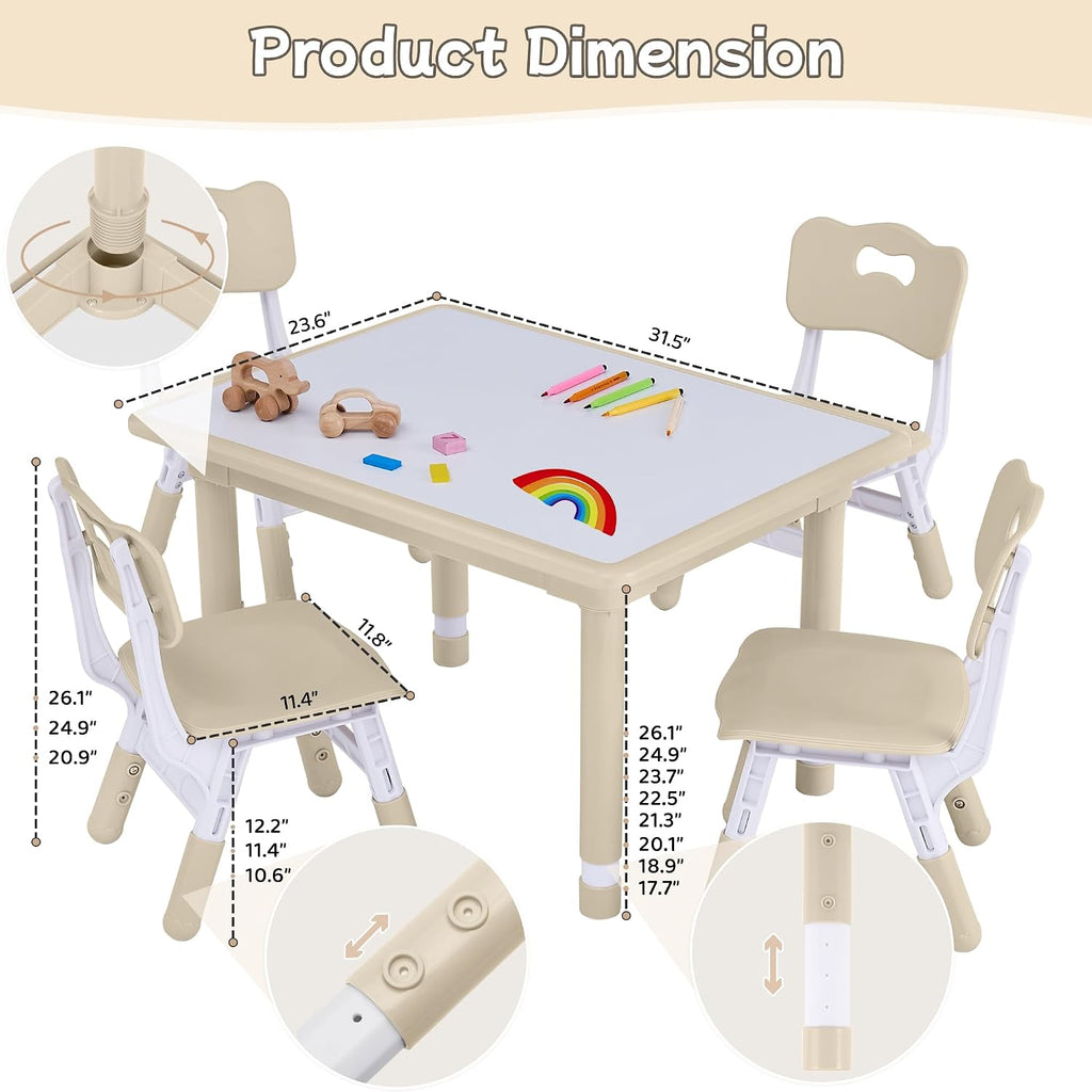 GITAWUSA Toddler Table and Chair Set, Height Adjustable-Upgrade Kids Table and 4 Chairs for Ages 3-8, Multi-Activity Toddler Play Table with Graffiti Desktop for Home/Daycare (4Chairs Beige)