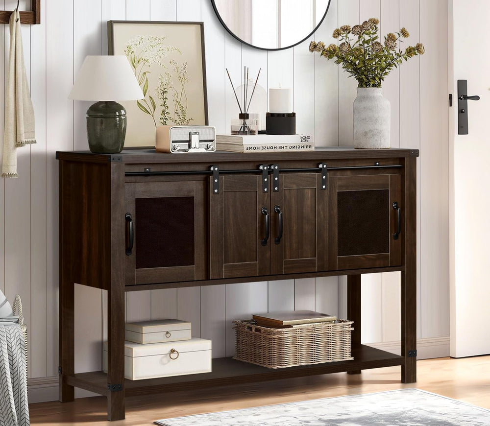 4ever2buy Farmhouse Coffee Bar Cabinet with Sliding Barn Door, 47", Brown