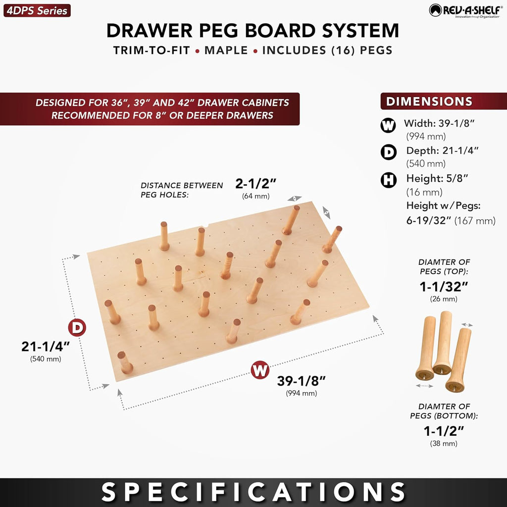 Rev-A-Shelf Pegboard Drawer Divider Organizer, Trim to Fit Wooden Kitchen Cabinet Storage Utensil, Pots & Dish Rack, 39" x 21", 4DPS-3921